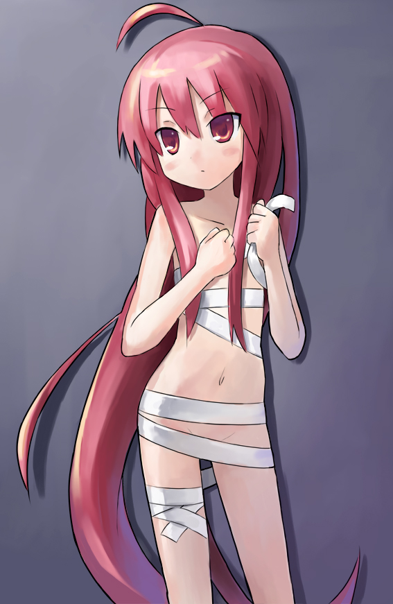 saeki nao, shana, shakugan no shana, bad id, bad pixiv id, 00s, 1girl, absurdly long hair, ahoge, bandages, eyes visible through hair, female focus, flat chest, long hair, matching hair/eyes, naked bandage, navel, red eyes, red hair, sarashi, solo, very long hair