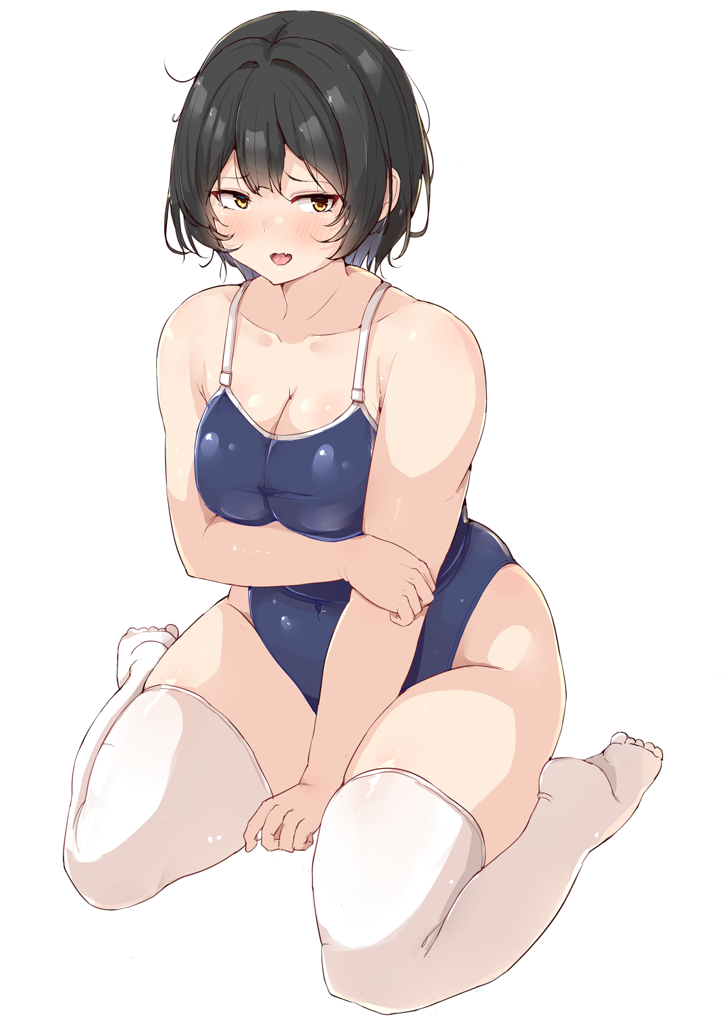 shinonon (iso shino), original, highres, 1girl, bare arms, between legs, black hair, black one-piece swimsuit, blush, breasts, cleavage, collarbone, hand between legs, looking at viewer, medium breasts, one-piece swimsuit, open mouth, plump, school swimsuit, short hair, simple background, solo, swimsuit, thighhighs, toes, white background, white thighhighs, yellow eyes