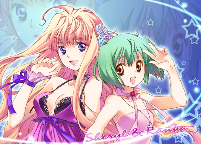 shima (6land), shima (artist), ranka lee, sheryl nome, macross, macross frontier, 00s, 2girls, bare shoulders, blonde hair, breasts, brown eyes, choker, cleavage, flat chest, green hair, long hair, medium breasts, multiple girls, open mouth, purple eyes, short hair, small breasts, smile, v