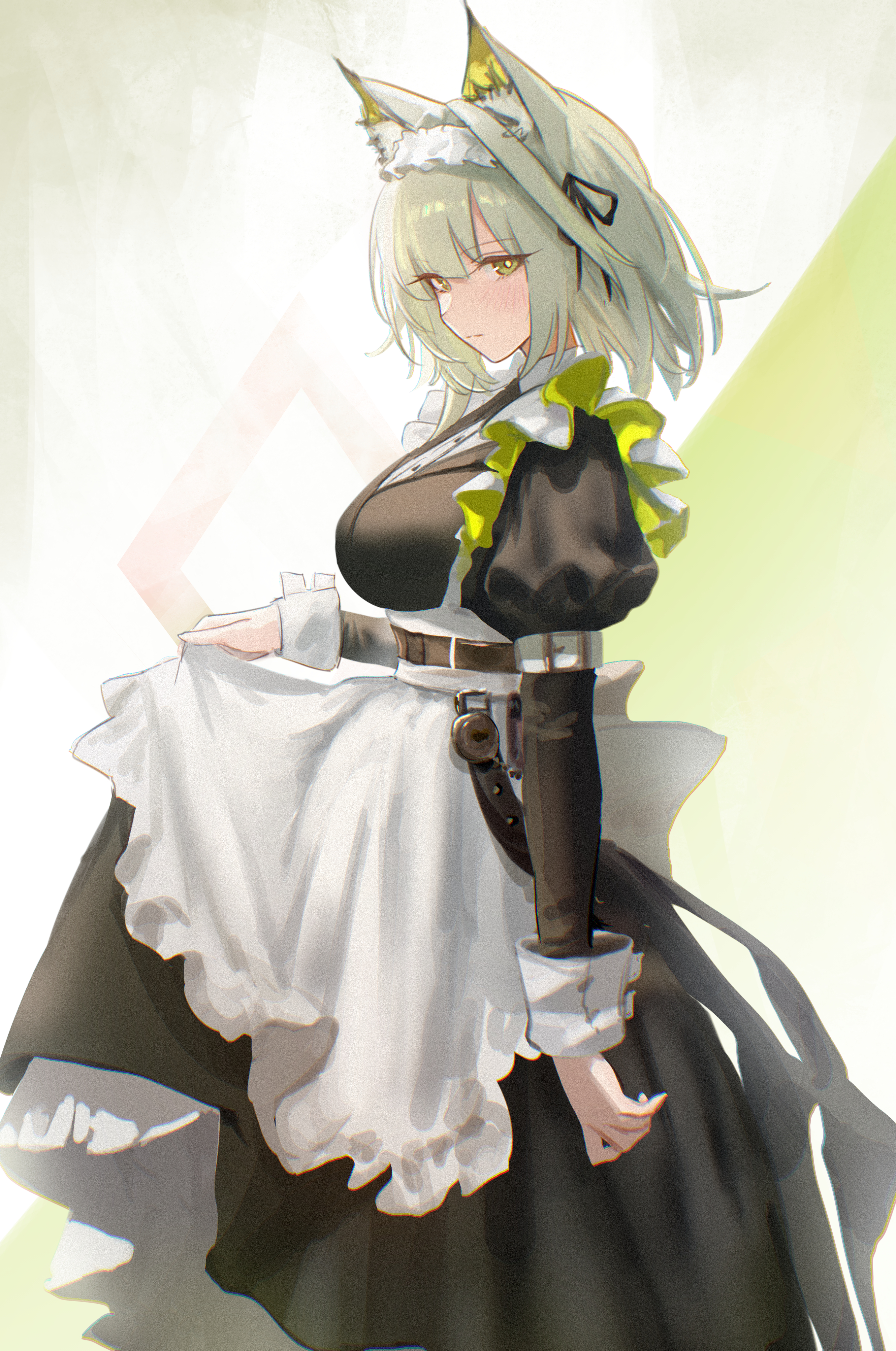 uof, kal'tsit (arknights), arknights, absurdres, commentary request, highres, 1girl, animal ear fluff, animal ears, apron, belt, black dress, breasts, bright pupils, brown belt, cat ears, cat girl, closed mouth, collar, collared dress, cowboy shot, dress, frilled apron, frills, from side, green apron, green eyes, hair between eyes, hair ornament, kal'tsit (the remains of time) (arknights), large breasts, light blush, long sleeves, looking at viewer, maid, maid headdress, medium hair, multicolored apron, official alternate costume, puffy sleeves, sidelocks, solo, standing, two-tone apron, white apron, white collar, white pupils