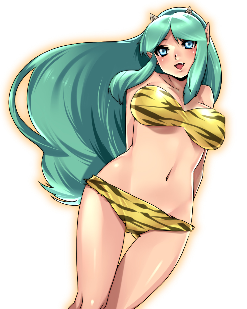 makuro, lum, urusei yatsura, bad id, bad pixiv id, animal print, bikini, blue eyes, breasts, cone horns, fang, green hair, horns, large breasts, long hair, pointy ears, solo, striped horns, swimsuit, thigh gap, thighs, tiger print, yellow bikini