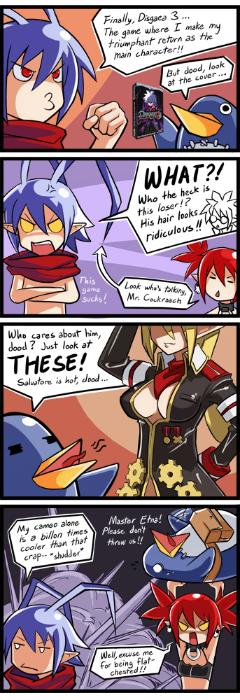 eu03, etna (disgaea), laharl, prinny, salvatore, salvatore (disgaea), disgaea, makai senki disgaea 3, silver hair, long image, tall image, 1boy, 2girls, 4koma, comic, crossed arms, multiple girls, red eyes, red hair, shaded face, talking, text focus, upper body