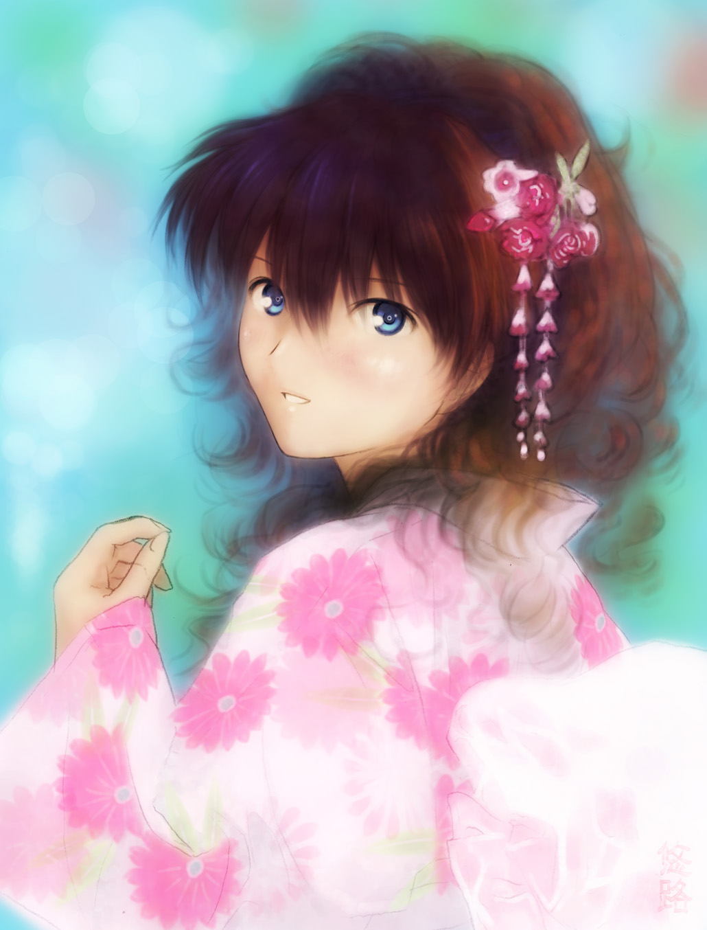 kobayashi yuji, souryuu asuka langley, neon genesis evangelion, highres, 1girl, blue eyes, female focus, floral print, japanese clothes, kimono, long hair, looking back, pink kimono, print kimono, red hair, solo, yukata