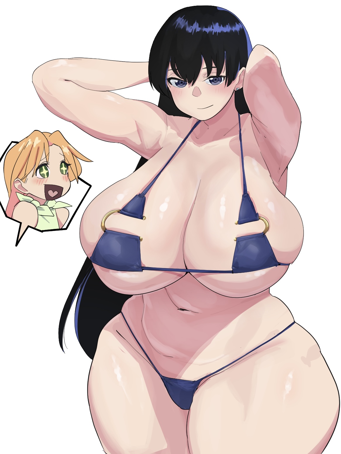 qaz shibashi, arato nagi, tanigawa ruri, ruri no houseki, highres, 2girls, arms behind head, bikini, black hair, blonde hair, blue bikini, blue eyes, breasts, curvy, florida bikini, green eyes, huge breasts, long hair, multiple girls, navel, plump, simple background, stomach, swimsuit, thick thighs, thighs, white background, wide hips