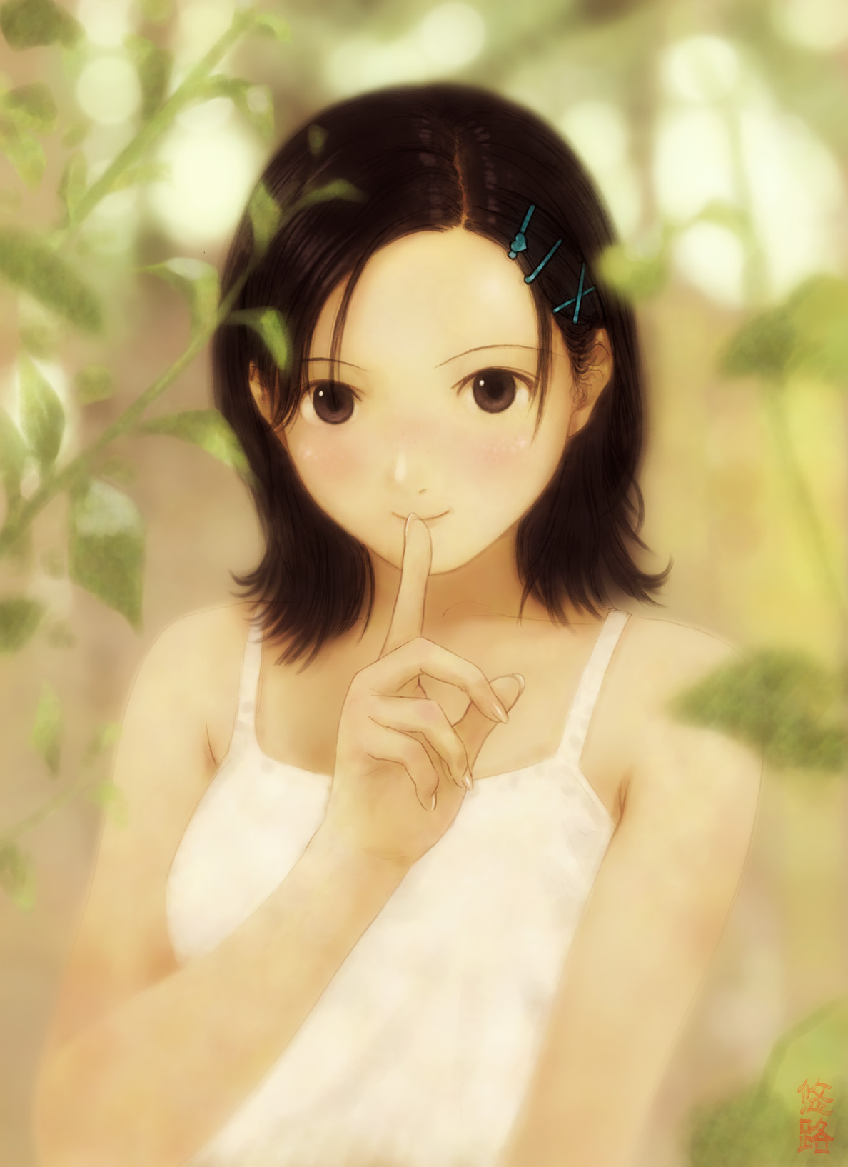 kobayashi yuji, highres, 1girl, bare shoulders, brown eyes, brown hair, female focus, finger to mouth, hair ornament, hairclip, nature, short hair, shushing, smile, solo