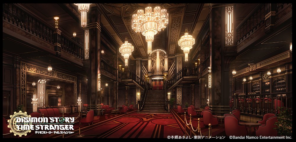 digimon, digimon story: time stranger, concept art, official art, tagme, balcony, bar (place), chair, company name, copyright notice, indoors, no humans, stairs, table