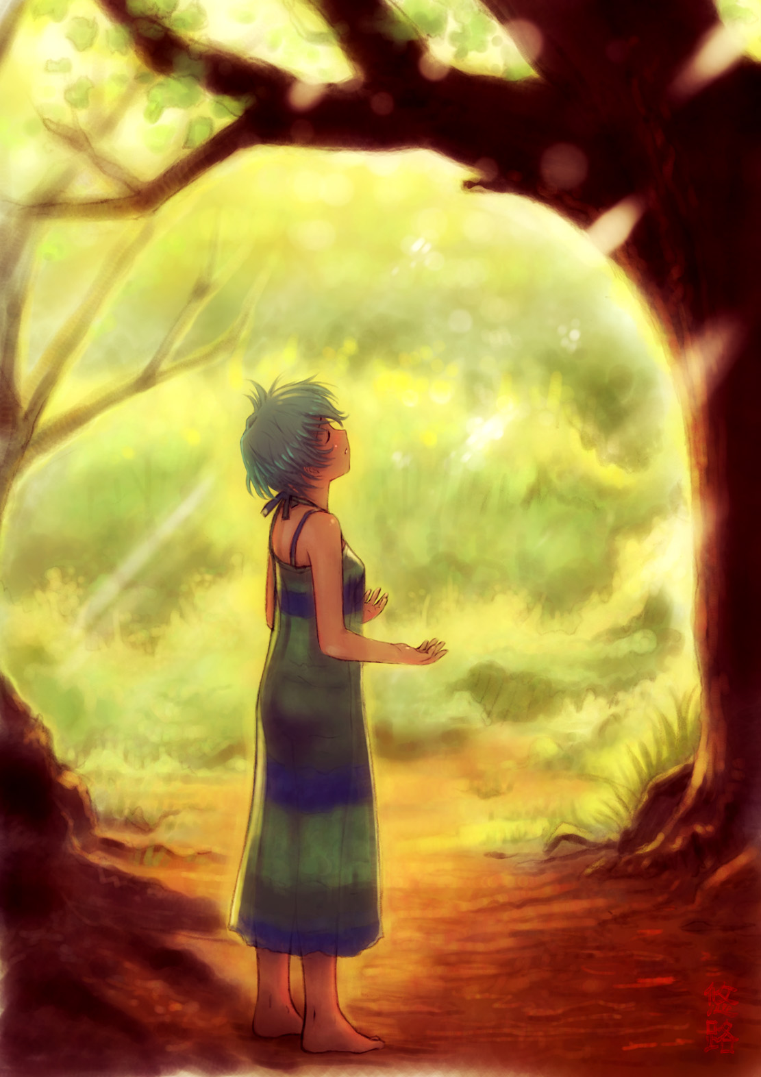 kobayashi yuji, highres, 1girl, barefoot, closed eyes, dress, feet, female focus, forest, nature, outdoors, short hair, solo, tree