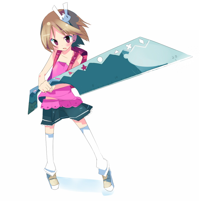 kanikama, 1girl, backpack, bag, brown hair, female focus, mini person, minigirl, purple eyes, randoseru, ruler, school bag, short hair, simple background, skirt, socks, solo, thighhighs, zettai ryouiki