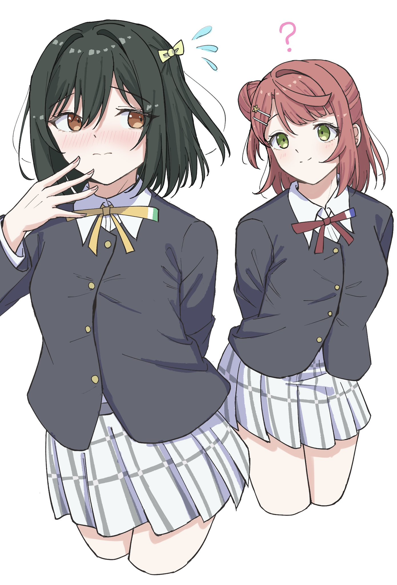 keitaro tension, mifune shioriko, uehara ayumu, love live!, love live! nijigasaki high school idol club, commentary request, highres, 2girls, 3:, ?, black hair, black jacket, blush, closed mouth, collared shirt, cropped legs, dress shirt, flying sweatdrops, frown, green eyes, hair bun, hair ornament, hairclip, half updo, jacket, long sleeves, looking at another, medium hair, miniskirt, multiple girls, neck ribbon, nijigasaki school uniform, nose blush, orange eyes, parallel hairclips, pink hair, pleated skirt, red ribbon, ribbon, school uniform, shirt, single hair intake, single side bun, skirt, smile, split mouth, white shirt, white skirt, winter uniform, yellow ribbon
