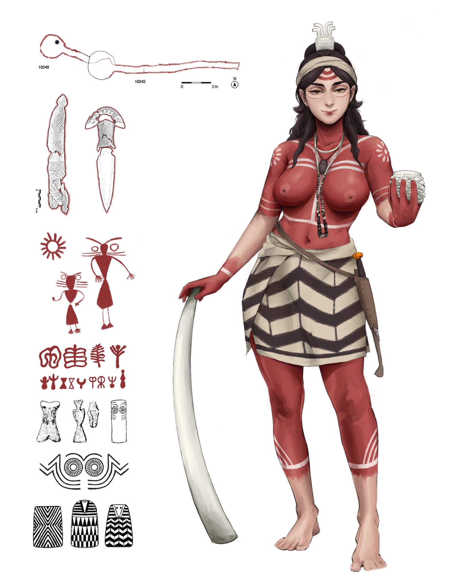 r3my 0, original, hazel eyes, highres, bare arms, bare legs, bare shoulders, barefoot, black hair, bodypaint, breasts, brown hair, feet, hair ornament, holding, jewelry, knees, knife, long hair, makeup, medium breasts, navel, necklace, nipples, no shirt, no shoes, scabbard, sheath, skirt, tusks