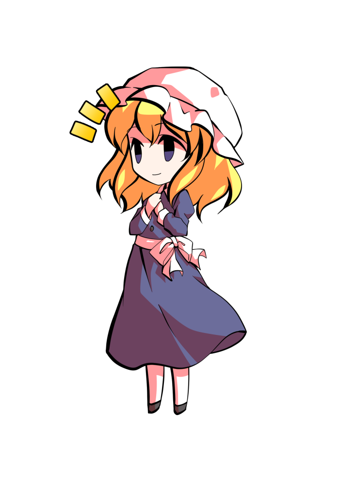 dairi, maribel hearn, touhou, commentary request, large variant set, variant set, 1girl, black shoes, blonde hair, buttons, chibi, chibi only, collared dress, dress, full body, hair between eyes, hat, mob cap, purple dress, ribbon, shoes, solo, tachi-e, transparent background, white hat, white ribbon