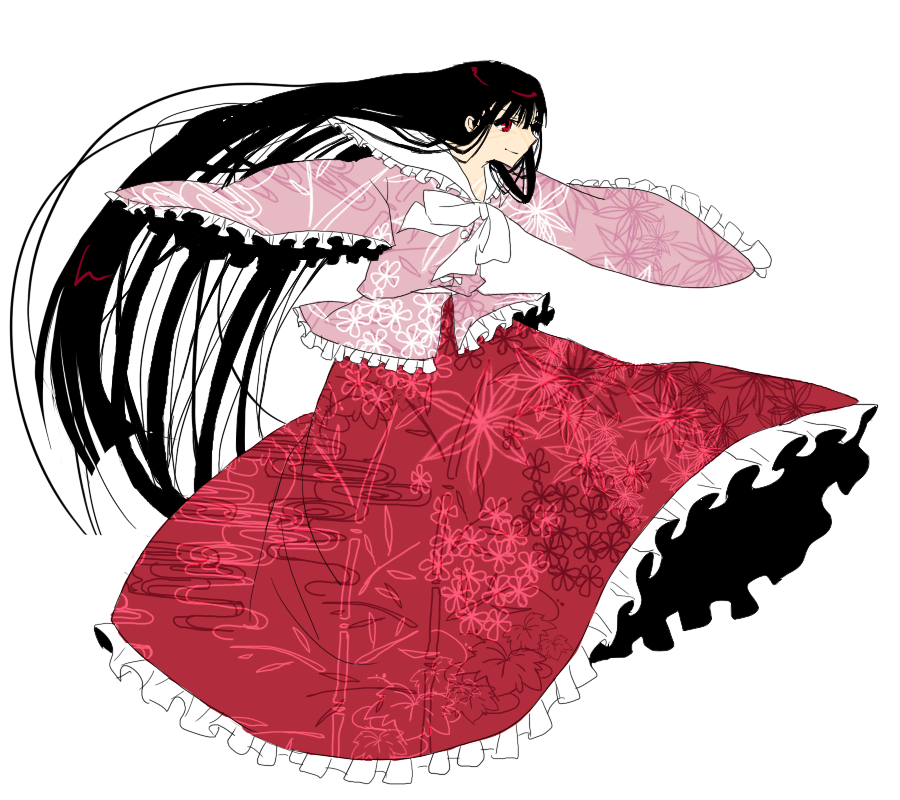 abaraya, mizutsuki, houraisan kaguya, touhou, 1girl, black hair, female focus, long hair, red eyes, ribbon, simple background, solo, white background