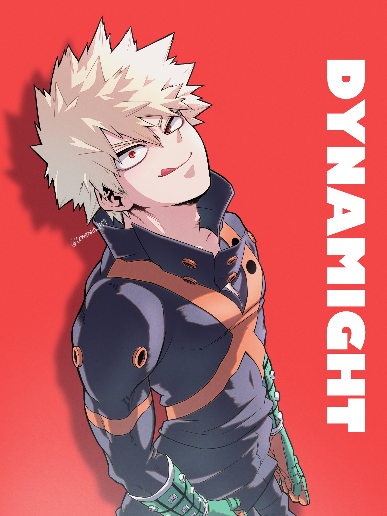 tomomin 1129, bakugou katsuki, boku no hero academia, commentary request, highres, 1boy, :d, adam's apple, black shirt, blonde hair, collared shirt, cowboy shot, drop shadow, english text, gloves, head back, long sleeves, male focus, multicolored gloves, open mouth, pants, parted bangs, red background, red eyes, shirt, short hair, smile, solo, superhero costume, tongue, tongue out, twitter username, wide-eyed