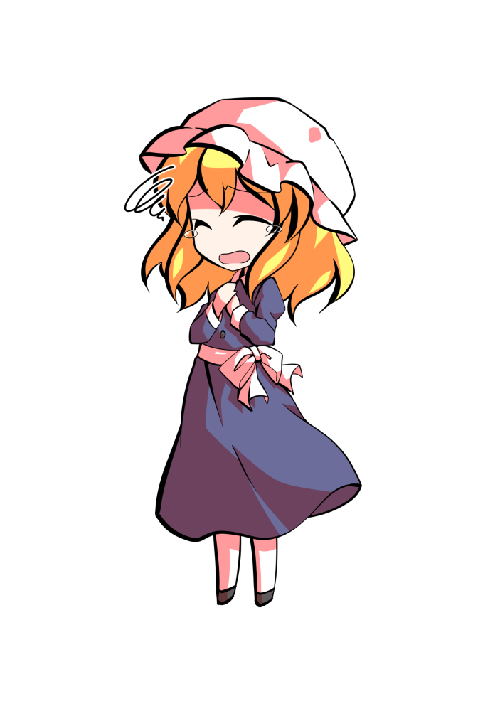 dairi, maribel hearn, touhou, commentary request, large variant set, variant set, 1girl, black shoes, blonde hair, buttons, chibi, chibi only, collared dress, dress, full body, hair between eyes, hat, mob cap, purple dress, ribbon, shoes, solo, tachi-e, transparent background, white hat, white ribbon