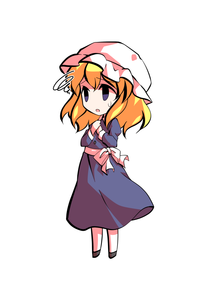dairi, maribel hearn, touhou, commentary request, large variant set, variant set, 1girl, black shoes, blonde hair, buttons, chibi, chibi only, collared dress, dress, full body, hair between eyes, hat, mob cap, purple dress, ribbon, shoes, solo, tachi-e, transparent background, white hat, white ribbon