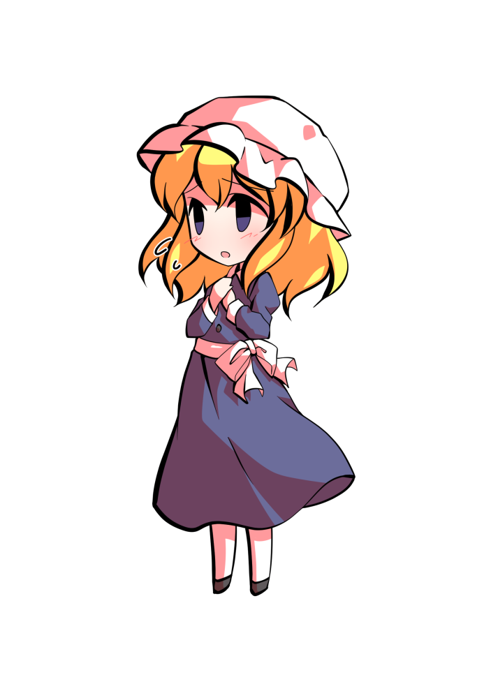 dairi, maribel hearn, touhou, commentary request, large variant set, variant set, 1girl, black shoes, blonde hair, buttons, chibi, chibi only, collared dress, dress, full body, hair between eyes, hat, mob cap, purple dress, ribbon, shoes, solo, tachi-e, transparent background, white hat, white ribbon