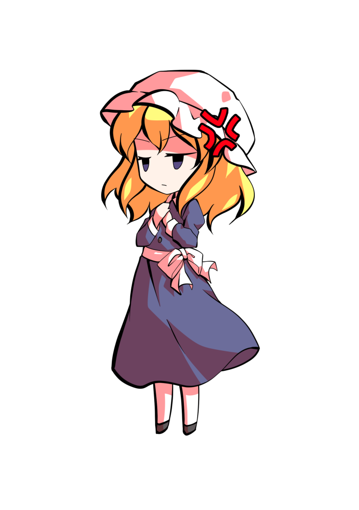 dairi, maribel hearn, touhou, commentary request, large variant set, variant set, 1girl, black shoes, blonde hair, buttons, chibi, chibi only, collared dress, dress, full body, hair between eyes, hat, mob cap, purple dress, ribbon, shoes, solo, tachi-e, transparent background, white hat, white ribbon