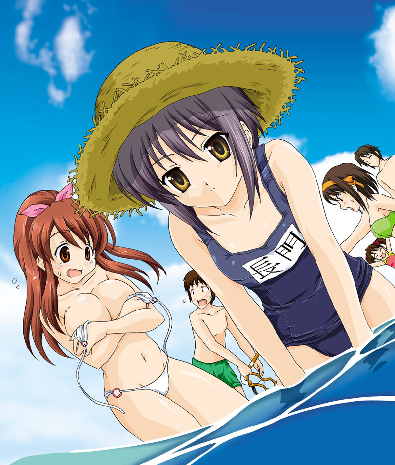 map (blue catty), asahina mikuru, koizumi itsuki, kyon, kyon no imouto, nagato yuki, suzumiya haruhi, suzumiya haruhi no yuuutsu, 00s, 2boys, 4girls, bikini, brown eyes, brown hair, day, dutch angle, hairband, hat, multiple boys, multiple girls, one-piece swimsuit, ponytail, school swimsuit, straw hat, swimsuit, wardrobe malfunction, water, yellow eyes