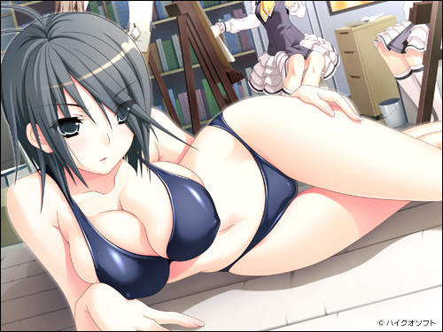 kirishima sakura, sakura sakura, game cg, lowres, 1girl, bikini, black hair, breasts, cleavage, covered erect nipples, curvy, eyes visible through hair, female focus, green eyes, hair over one eye, large breasts, lying, navel, on side, short hair, solo, solo focus, swimsuit, watermark