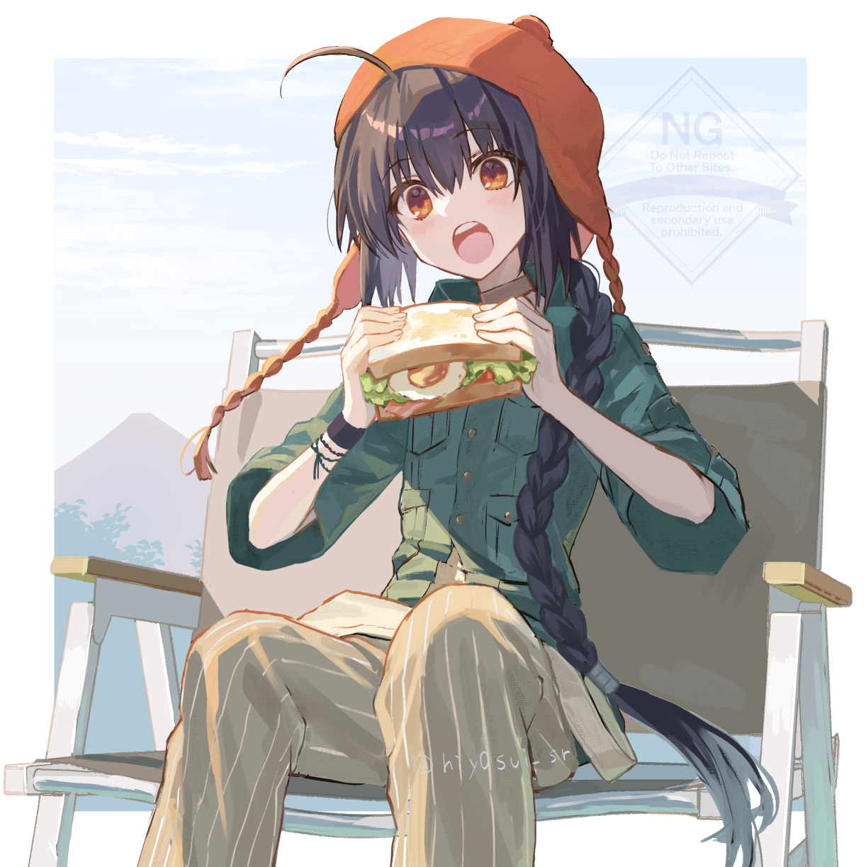 you (outtune), yamato takeru (fate), fate/grand order, fate (series), highres, 1other, ahoge, beanie, black hair, blue sky, bracelet, braid, bread, brown choker, choker, collared shirt, earflap beanie, eating, egg (food), food, green shirt, grey overalls, hair over shoulder, hat, holding, holding food, holding sandwich, jewelry, lettuce, long braid, mountain, orange eyes, orange hat, overalls, pants, pinstripe pattern, sandwich, shirt, sidelocks, single braid, sitting, sky, solo, striped clothes, striped pants, sweatband, vertical-striped clothes, vertical-striped pants, yamato takeru (over the same sky) (fate)