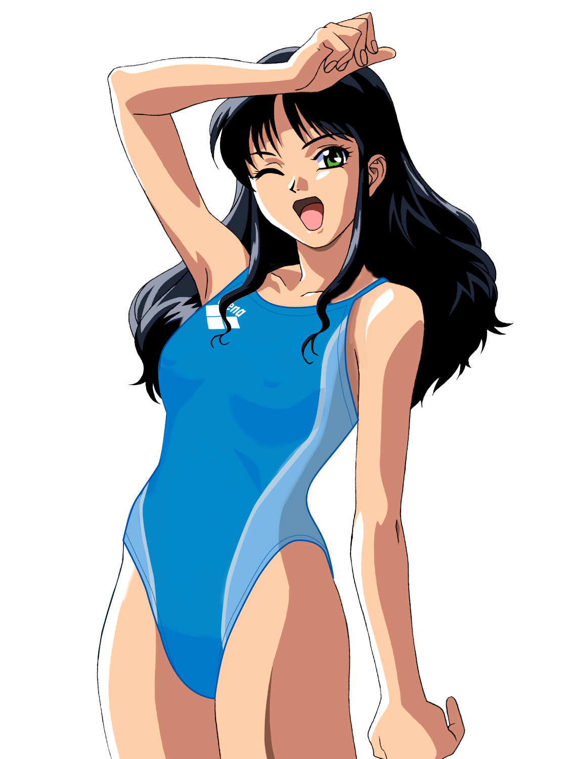 yamada masaki, arena (company), zenkoku seifuku bishoujo grand prix, highres, non-web source, third-party edit, 1girl, black hair, competition swimsuit, female focus, green eyes, long hair, one-piece swimsuit, one eye closed, open mouth, solo, swimsuit, wink
