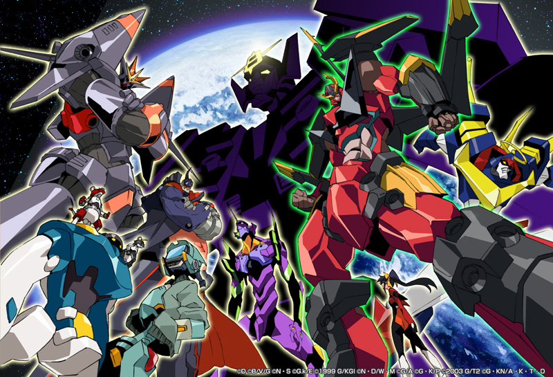 amemiya akira, andou mahoro, canti, dix-neuf, dix neuf, eva 01, gunbuster, gurren-lagann, abenobashi mahou shoutengai, flcl, fushigi no umi no nadia, gainax, kono minikuku mo utsukushii sekai, mahoromatic, neon genesis evangelion, tengen toppa gurren lagann, top wo nerae!, top wo nerae! (series), top wo nerae 2!, annotation request, character request, 00s, 1990s (style), company connection, earth (planet), epic, gainaxtop, mecha, mecha focus, oniita, planet, retro artstyle, robot, space