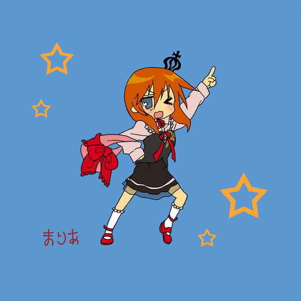 kurohagi ryou, ushiromiya maria, lucky star, umineko no naku koro ni, bad id, bad pixiv id, 1girl, crown, female focus, hat, one eye closed, parody, solo, wink