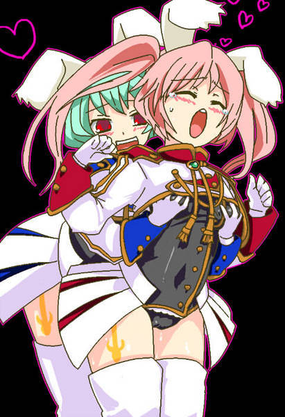 kamaboko red, chiester410, chiester45, chiester sisters, umineko no naku koro ni, jpeg artifacts, 00s, 2girls, animal ears, blush, breasts, grabbing another's breast, green hair, groping, multiple girls, pink hair, rabbit ears, showgirl skirt, smile, thighhighs, yuri