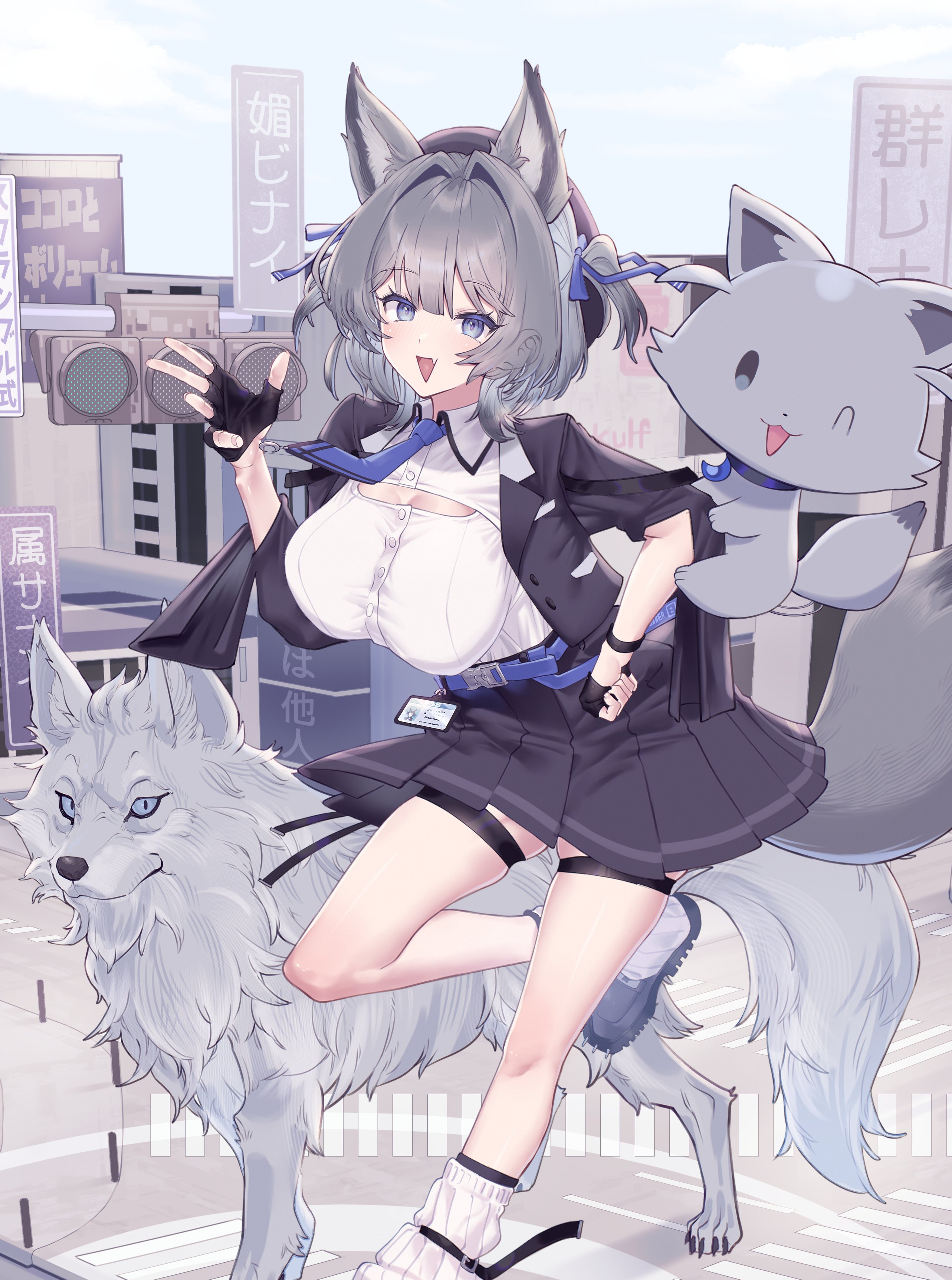 shirogami seisho, indie virtual youtuber, absurdres, commentary request, commission, highres, skeb commission, 1girl, animal ears, belt, black gloves, black hat, black jacket, black skirt, blue belt, blue eyes, blue necktie, blue ribbon, blush, breasts, collared shirt, fingerless gloves, gloves, grey hair, hair ornament, hair ribbon, hat, jacket, large breasts, leg up, looking at viewer, loose socks, nanao sakuya, necktie, open clothes, open jacket, open mouth, outdoors, ribbon, shirt, short hair, skirt, socks, solo, tail, two side up, virtual youtuber, white shirt, white socks, wolf, wolf ears, wolf girl, wolf tail