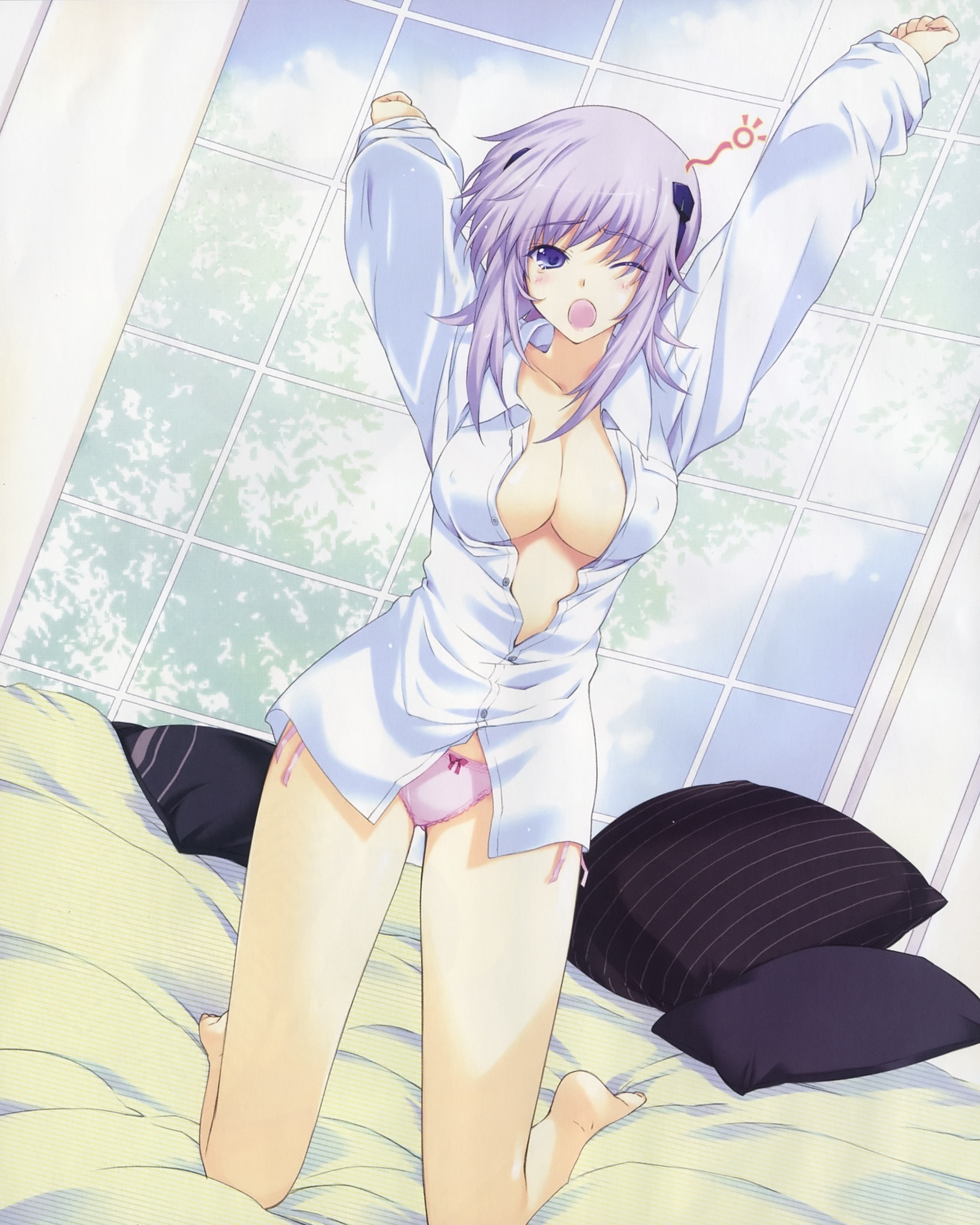 iizuki tasuku, cryska barchenowa, muv-luv, muv-luv alternative, muv-luv total eclipse, total eclipse, highres, 1girl, arms up, barefoot, blush, bow, bow panties, breasts, cleavage, covered erect nipples, dress shirt, dutch angle, female focus, hair ribbon, kneeling, large breasts, legs, long legs, no bra, no pants, one eye closed, open clothes, open mouth, open shirt, panties, pink panties, purple eyes, purple hair, ribbon, shirt, short hair, side-tie panties, sleepy, solo, stretching, thighs, underwear, wince, wink, yawning
