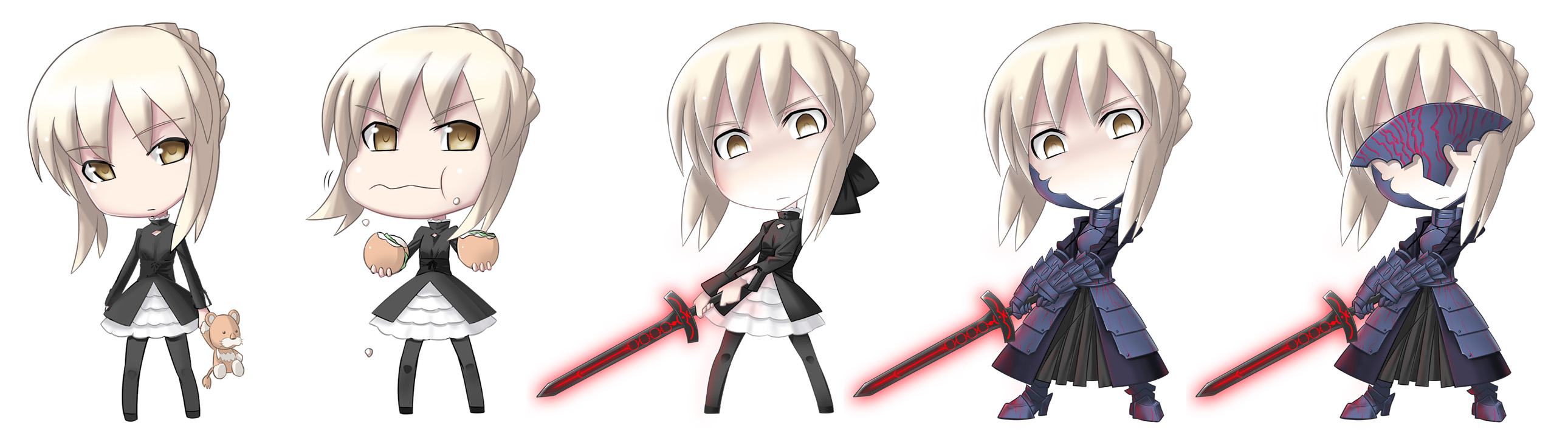 sugar (sugarless), artoria pendragon (fate), saber (fate), saber alter, saber alter (first ascension), saber alter (gothic lolita), saber alter (second ascension), fate/stay night, fate (series), highres, long image, wide image, 00s, 1girl, armor, armored dress, burger, chibi, dress, excalibur morgan (fate), food, multiple views, pantyhose, stuffed animal, stuffed toy, sword, weapon