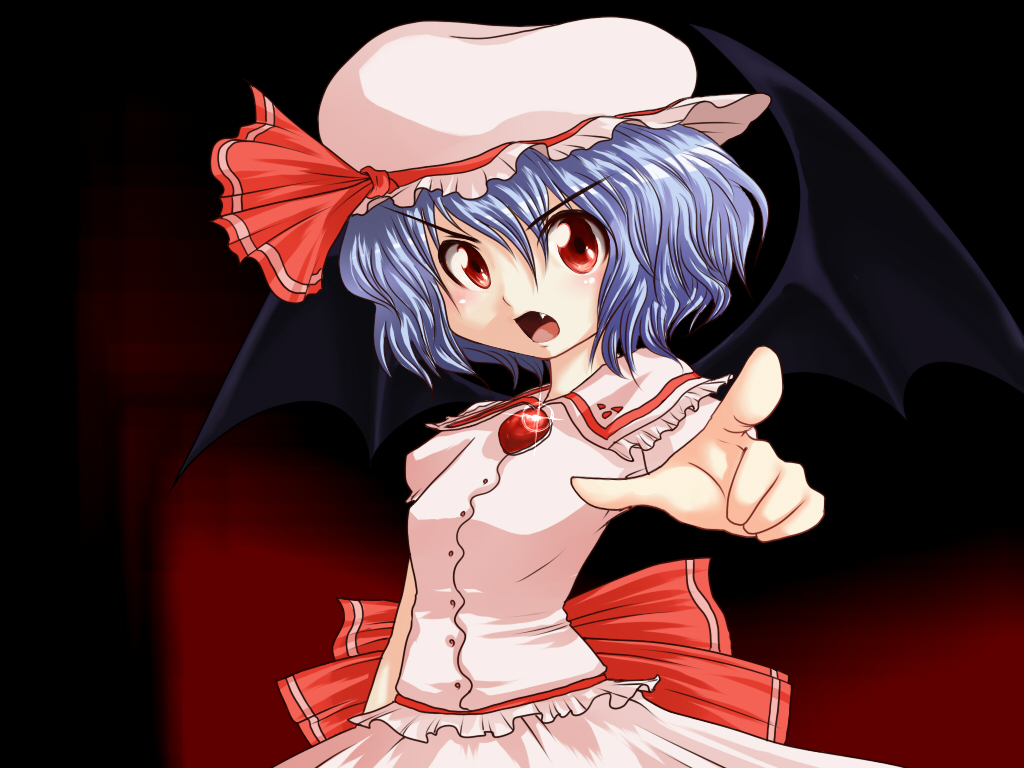 harusame (unmei no ikasumi), remilia scarlet, touhou, bad id, bad pixiv id, 1girl, bat wings, blue hair, fang, female focus, gradient background, hat, red eyes, skirt, solo, wings