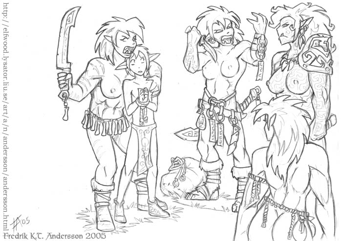 tagme, 1boy, 4girls, breasts, elf, female orc, knife, monochrome, multiple girls, orc, pointy ears, sword, tattoo, weapon, you gonna get raped