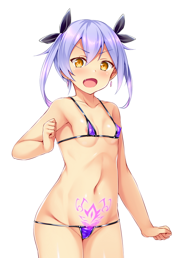 satou kuuki, fujii natsumi (ysphere), soukou seiki ysphere, game cg, large variant set, non-web source, official art, variant set, 1girl, areola slip, bare arms, bikini, blush, bow, breasts, collarbone, covered erect nipples, cowboy shot, earrings, fang, groin, hair between eyes, hair ribbon, jewelry, looking at viewer, lowleg, lowleg bikini, micro bikini, navel, open mouth, pubic tattoo, purple bikini, purple hair, ribbon, short hair, simple background, small breasts, smile, solo, standing, swimsuit, tattoo, thighhighs, transparent background, twintails, v-shaped eyebrows, white background, yellow eyes