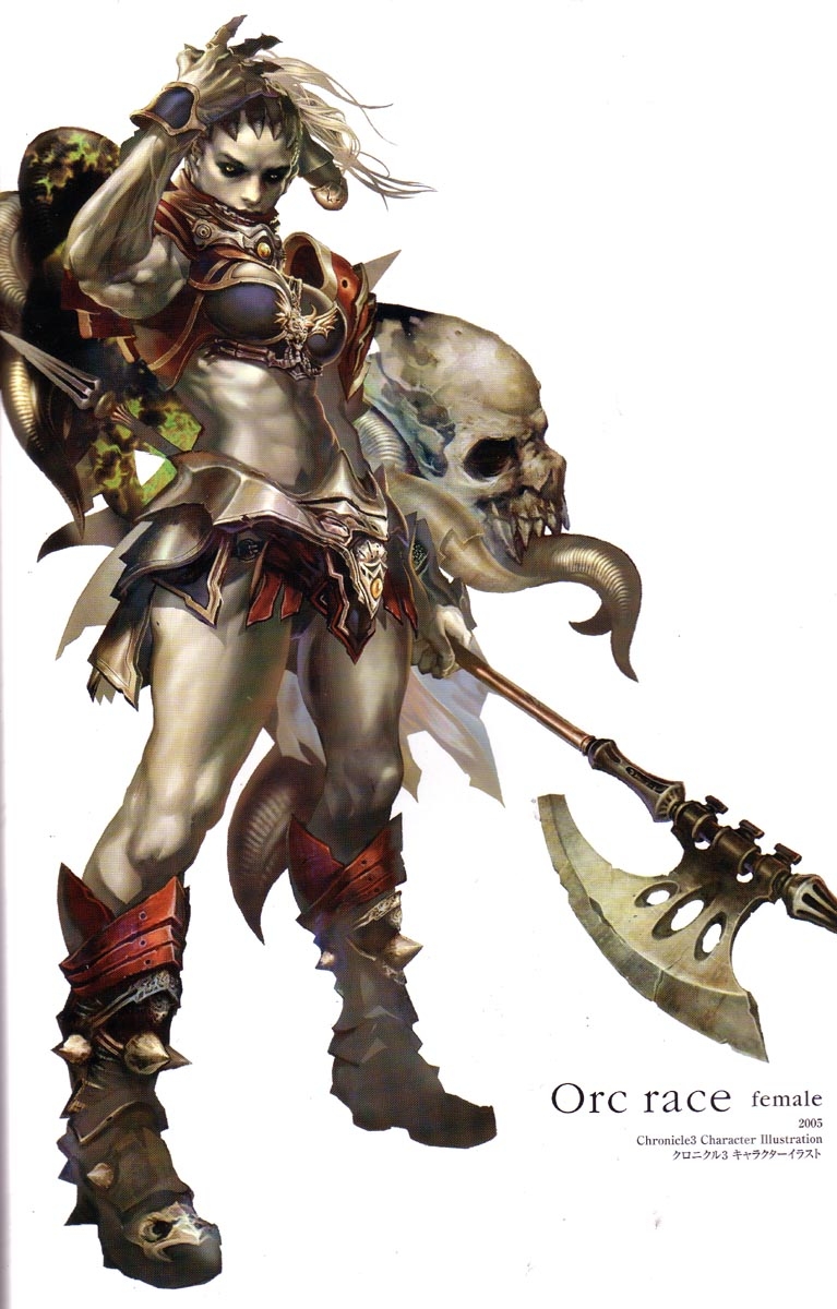 lineage, lineage 2, highres, tagme, 1girl, abs, armor, axe, biceps, female focus, female orc, monster girl, muscular, orc, pteruges, skull, solo, weapon