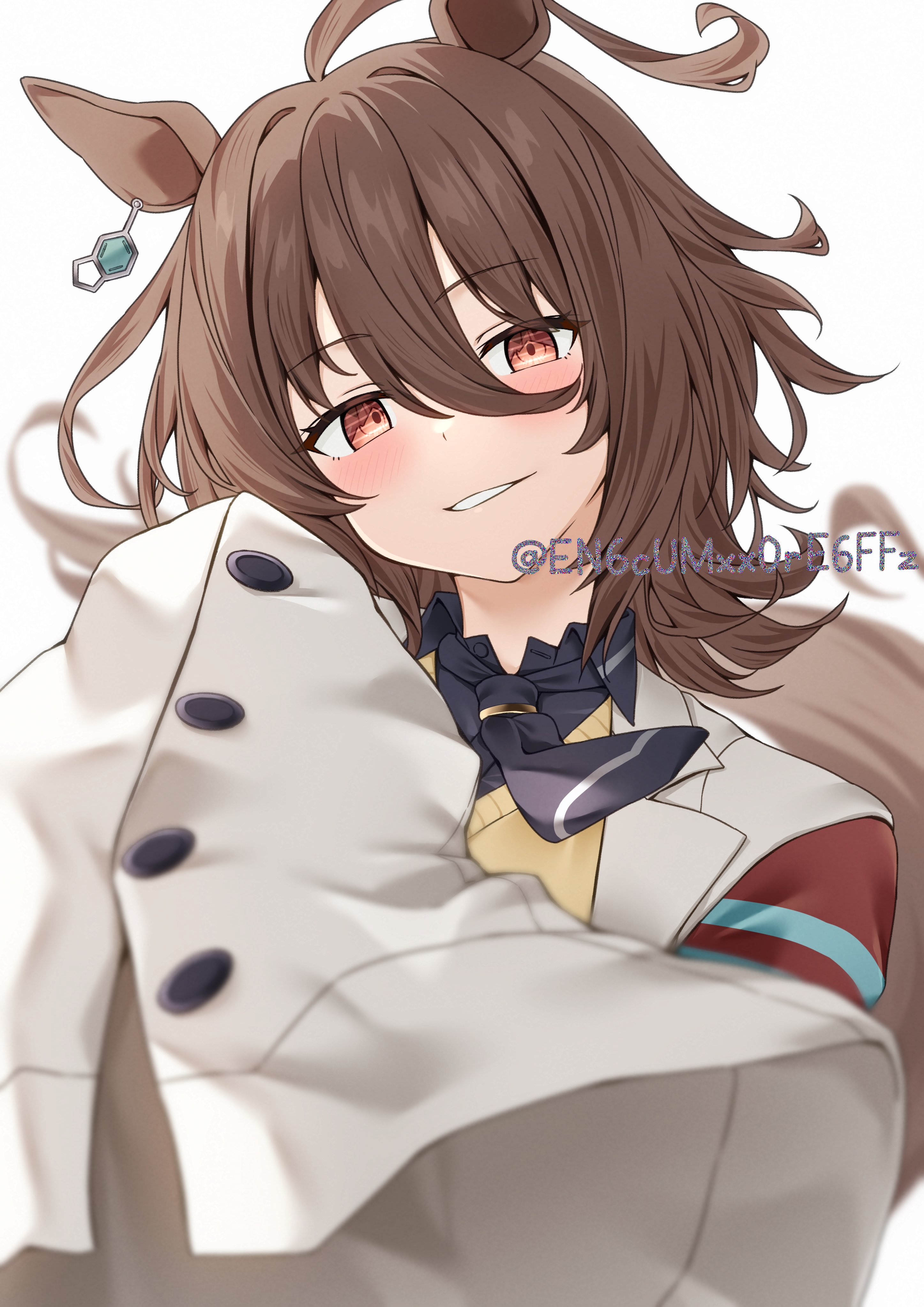 yamano rokamizu, agnes tachyon (tach-nology) (umamusume), agnes tachyon (umamusume), umamusume, absurdres, commentary, highres, 1girl, animal ears, black necktie, black shirt, blurry, blush, brown hair, brown tail, buttons, coat, collared shirt, depth of field, earrings, grin, hair between eyes, head tilt, horse ears, horse girl, horse tail, jewelry, lab coat, lapels, long sleeves, looking at viewer, necktie, open clothes, open coat, red eyes, shirt, short hair, short necktie, simple background, single earring, sleeves past fingers, sleeves past wrists, smile, solo, sweater vest, tail, twitter username, upper body, white background, white coat, yellow sweater vest