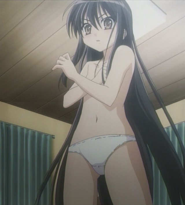 shana, shakugan no shana, anime screenshot, 00s, 1girl, black hair, brown eyes, covering privates, female focus, flat chest, long hair, navel, no bra, nude, nude cover, panties, solo, topless female, underwear, underwear only, very long hair