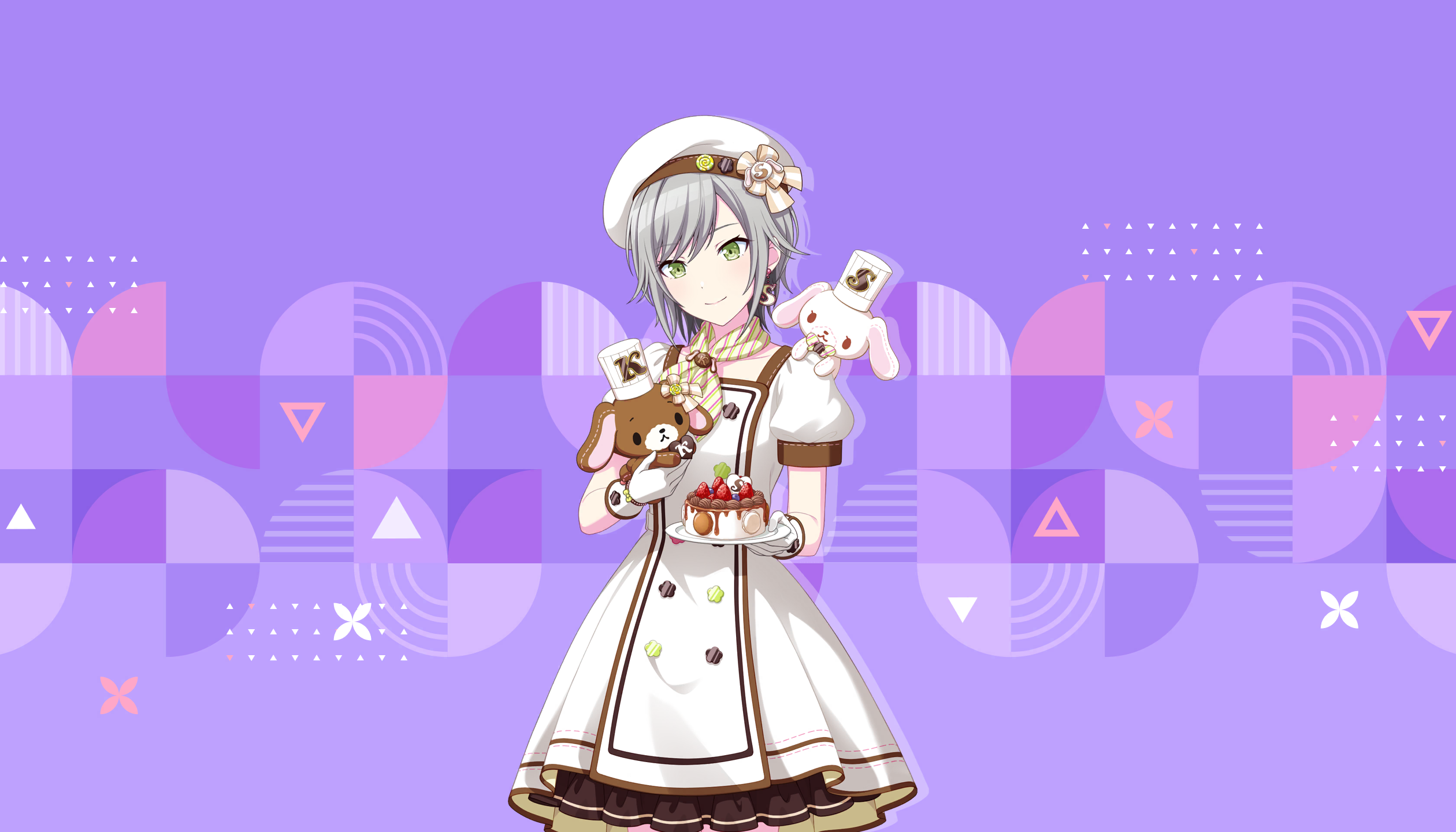 colorful palette, hinomori shiho, project sekai, sanrio, sugarbunnies, game cg, highres, official art, third-party source, 1girl, alternate costume, black hair, blueberry, cake, closed mouth, colored inner hair, dress, food, fruit, green eyes, grey hair, hat, holding, holding plate, initial, kurousa, multicolored hair, pin, plate, puffy short sleeves, puffy sleeves, purple bag, shirousa (sugarbunnies), short sleeves, smile, strawberry, triangle, two-tone hair, white dress, white hat