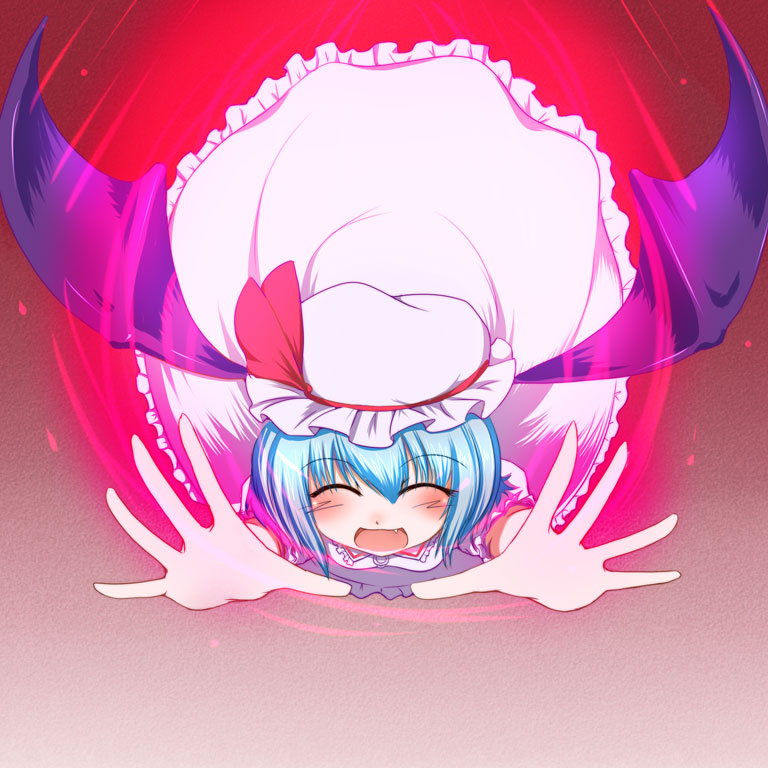 nokoppa, remilia scarlet, touhou, bad id, bad pixiv id, 1girl, bat wings, blue hair, fang, female focus, full body, gradient background, hat, solo, wings