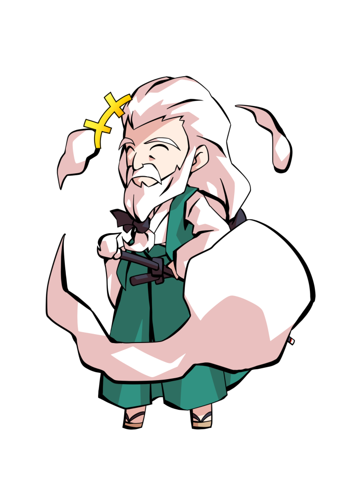 dairi, konpaku youki, touhou, commentary request, large variant set, variant set, 1boy, chibi, chibi only, facial hair, flower, full body, geta, ghost, green vest, hakama, hakama pants, hitodama, japanese clothes, kimono, long hair, long sleeves, male focus, mustache, old, old man, open clothes, open vest, pants, sandals, scabbard, sheath, sheathed, socks, solo, standing, sword, tabi, tachi-e, thick eyebrows, transparent background, vest, weapon, white hair
