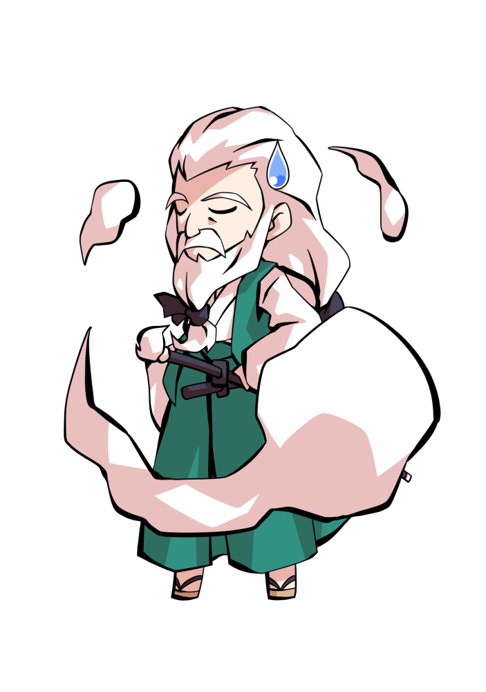 dairi, konpaku youki, touhou, commentary request, large variant set, variant set, 1boy, chibi, chibi only, facial hair, flower, full body, geta, ghost, green vest, hakama, hakama pants, hitodama, japanese clothes, kimono, long hair, long sleeves, male focus, mustache, old, old man, open clothes, open vest, pants, sandals, scabbard, sheath, sheathed, socks, solo, standing, sword, tabi, tachi-e, thick eyebrows, transparent background, vest, weapon, white hair