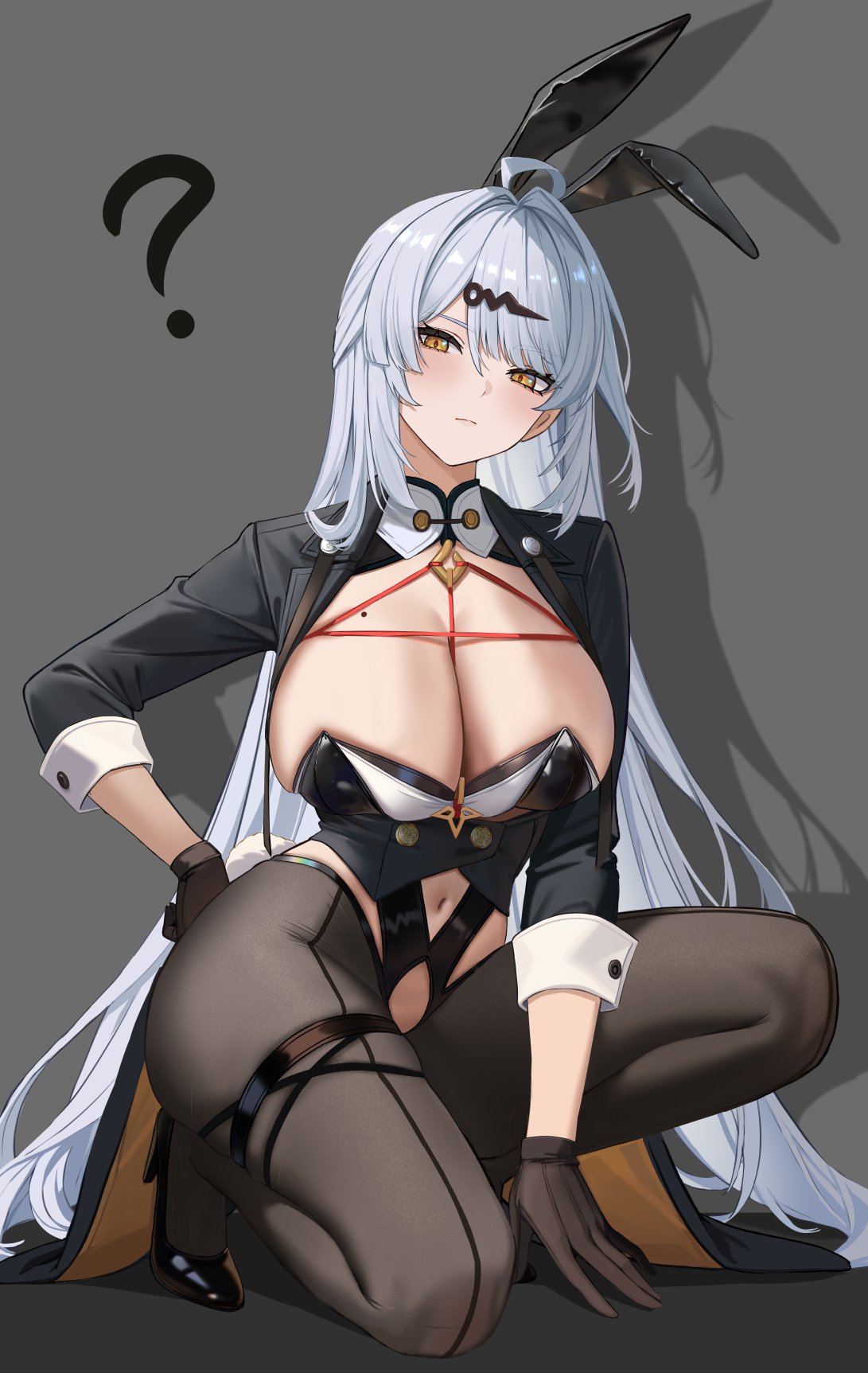 gaitoou, yixuan (zenless zone zero), zenless zone zero, highres, 1girl, alternate costume, animal ear hairband, animal ears, black gloves, black jacket, black pantyhose, breasts, coattails, fake animal ears, gloves, hair ornament, hairband, hairclip, hand on own hip, high heels, jacket, large breasts, long hair, looking at viewer, mole, mole on breast, nontraditional playboy bunny, pantyhose, rabbit ear hairband, rabbit ears, shadow, solo, white hair, yellow eyes