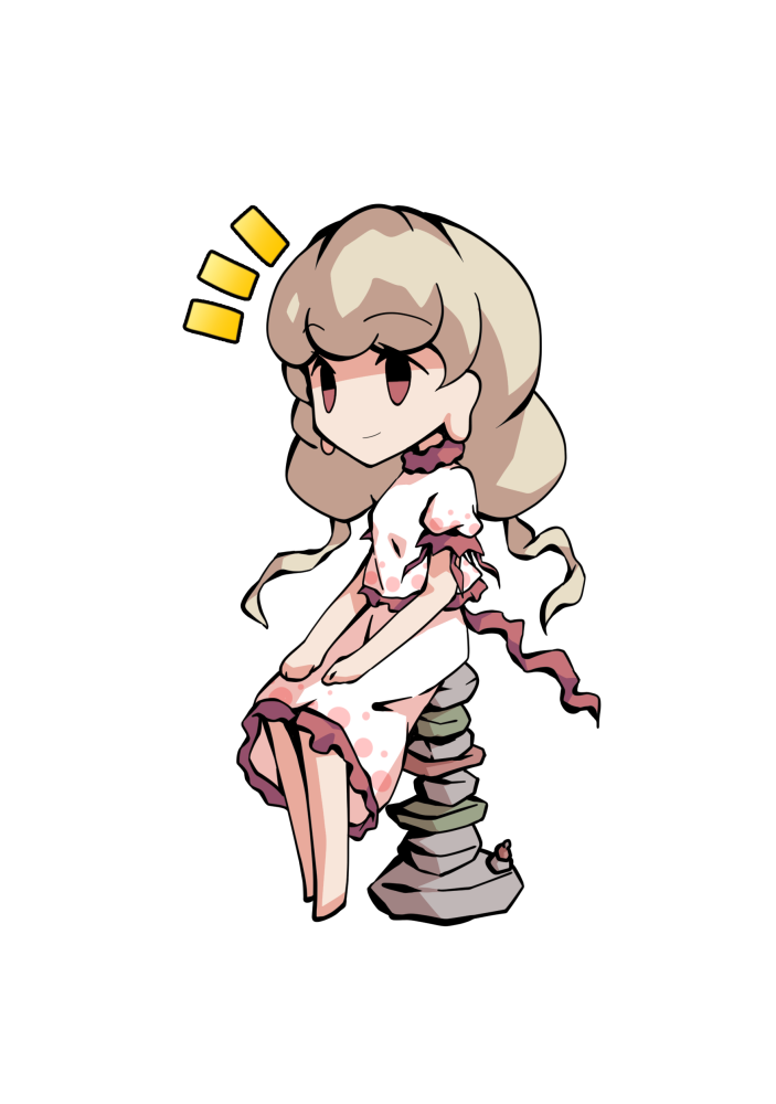dairi, ebisu eika, touhou, commentary request, large variant set, variant set, 1girl, barefoot, blonde hair, chibi, chibi only, frilled shirt, frilled skirt, frills, full body, hands on own knees, long earlobes, long hair, puffy short sleeves, puffy sleeves, rock, rock balancing, shirt, short sleeves, sitting, skirt, skirt set, solo, tachi-e, transparent background, white shirt