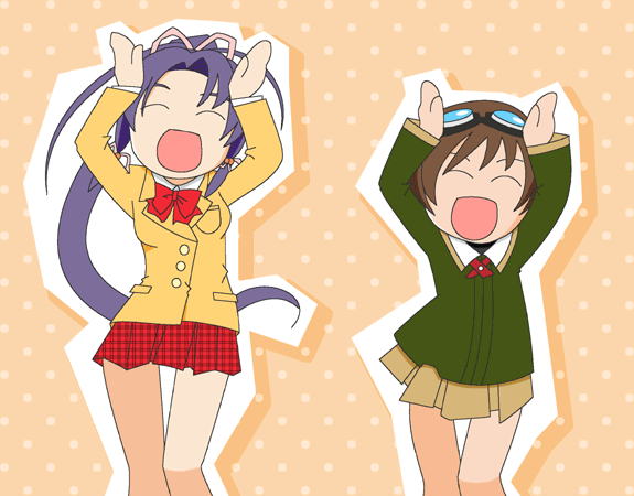 haruka (sister princess), rinrin (sister princess), sister princess, 00s, brown hair, caramelldansen, goggles, long hair, ponytail, purple hair, school uniform, serafuku, short hair
