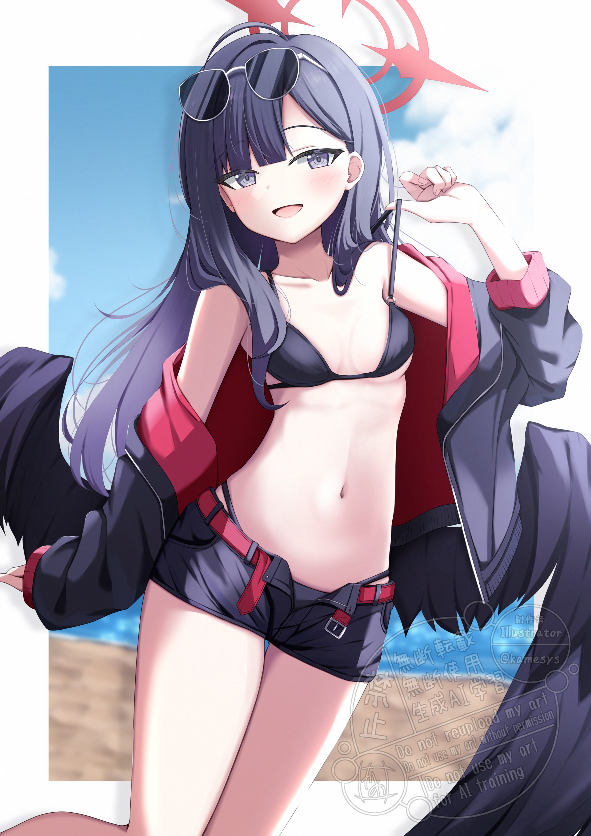 kamesys, ichika (blue archive), ichika (swimsuit) (blue archive), blue archive, absurdres, commentary request, highres, 1girl, :d, ahoge, bare shoulders, belt, bikini, black bikini, black jacket, black shorts, black wings, blue sky, blunt bangs, blush, border, breasts, breasts apart, collarbone, day, eyewear on head, feathered wings, feet out of frame, green eyes, hair over shoulder, halo, hand up, jacket, jacket partially removed, long hair, long sleeves, looking at viewer, low wings, navel, o-ring, o-ring bikini, o-ring top, official alternate costume, open clothes, open jacket, open mouth, outdoors, outside border, pulling own clothes, red belt, red halo, shorts, sidelighting, sky, small breasts, smile, solo, standing, stomach, straight hair, strap pull, sunglasses, swimsuit, thigh gap, tsurime, unusually open eyes, watermark, white border, wings