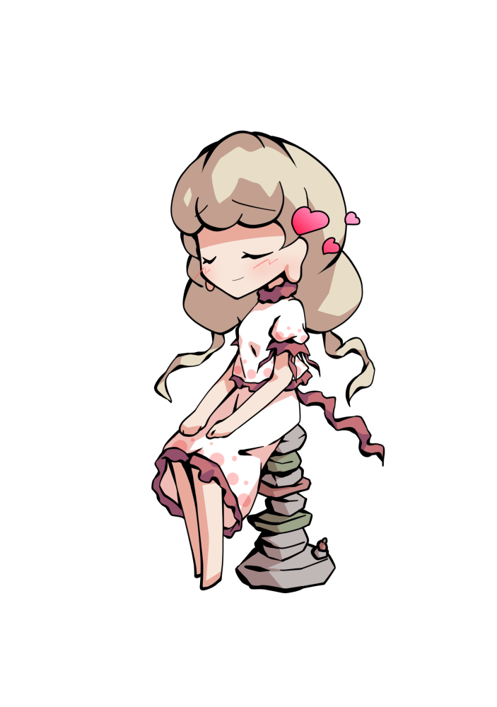 dairi, ebisu eika, touhou, commentary request, large variant set, variant set, 1girl, barefoot, blonde hair, chibi, chibi only, frilled shirt, frilled skirt, frills, full body, hands on own knees, long earlobes, long hair, puffy short sleeves, puffy sleeves, rock, rock balancing, shirt, short sleeves, sitting, skirt, skirt set, solo, tachi-e, transparent background, white shirt
