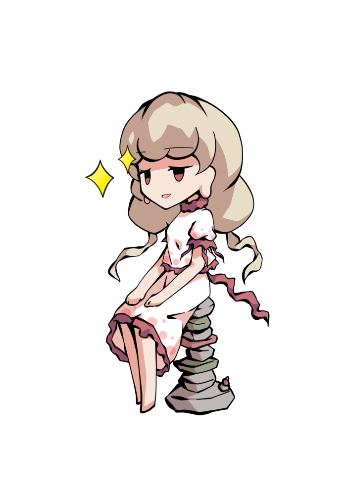 dairi, ebisu eika, touhou, commentary request, large variant set, variant set, 1girl, barefoot, blonde hair, chibi, chibi only, frilled shirt, frilled skirt, frills, full body, hands on own knees, long earlobes, long hair, puffy short sleeves, puffy sleeves, rock, rock balancing, shirt, short sleeves, sitting, skirt, skirt set, solo, tachi-e, transparent background, white shirt