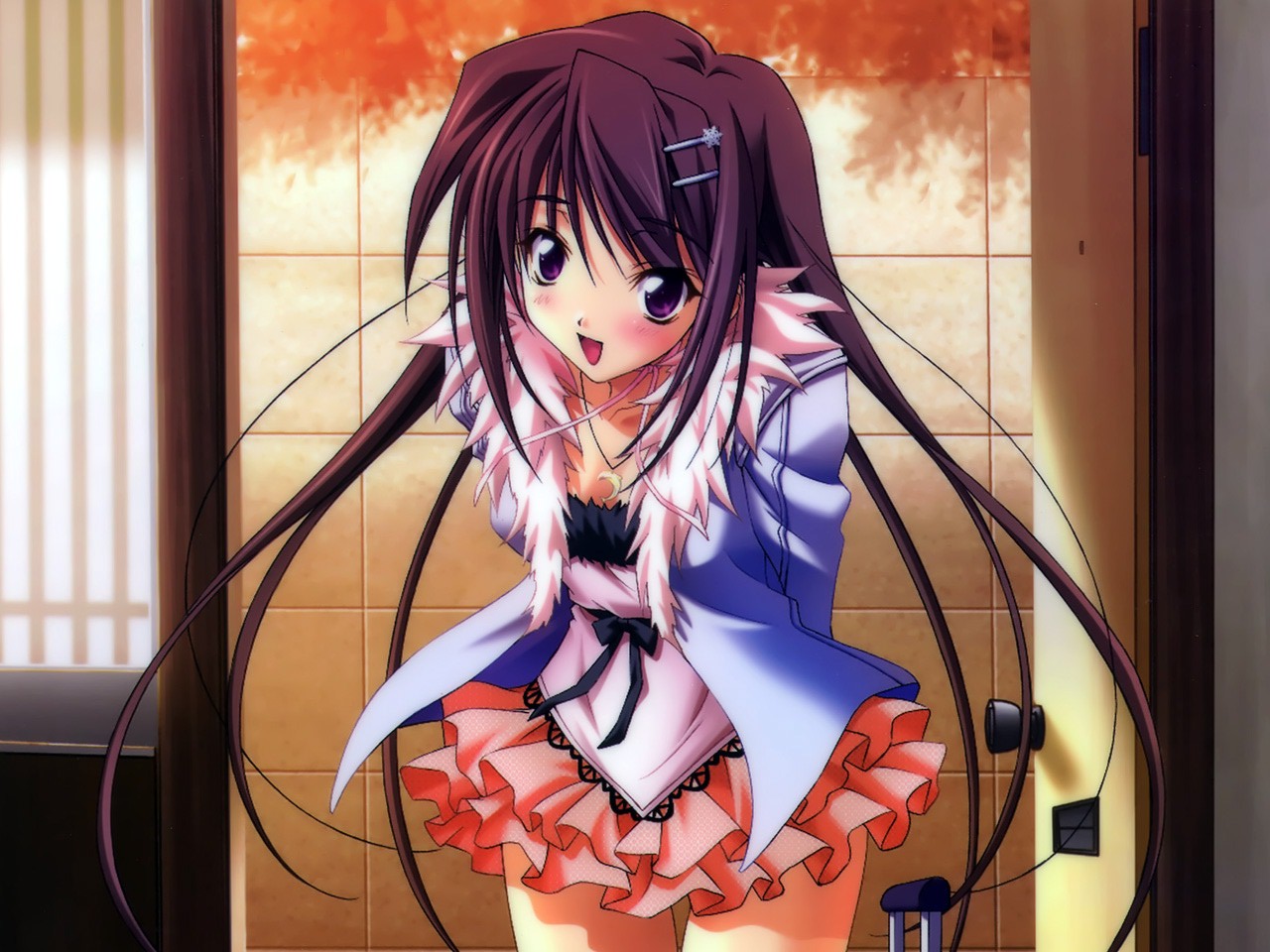 koshimizu takayuki, hina asuka, memories off, memories off#5, summon night, fur, 1girl, arms behind back, blush, dress, female focus, frills, hair ornament, hairclip, jacket, jewelry, long hair, necklace, outdoors, purple eyes, purple hair, skirt, solo, thigh gap, thighs, very long hair