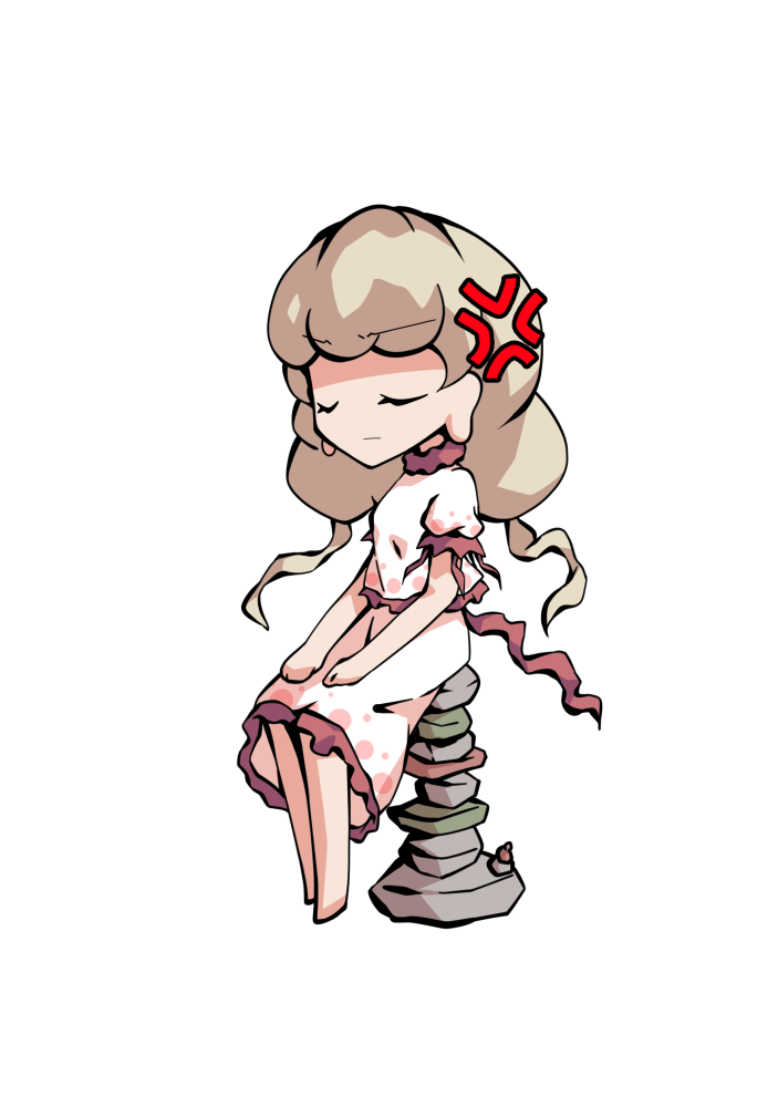 dairi, ebisu eika, touhou, commentary request, large variant set, variant set, 1girl, barefoot, blonde hair, chibi, chibi only, frilled shirt, frilled skirt, frills, full body, hands on own knees, long earlobes, long hair, puffy short sleeves, puffy sleeves, rock, rock balancing, shirt, short sleeves, sitting, skirt, skirt set, solo, tachi-e, transparent background, white shirt