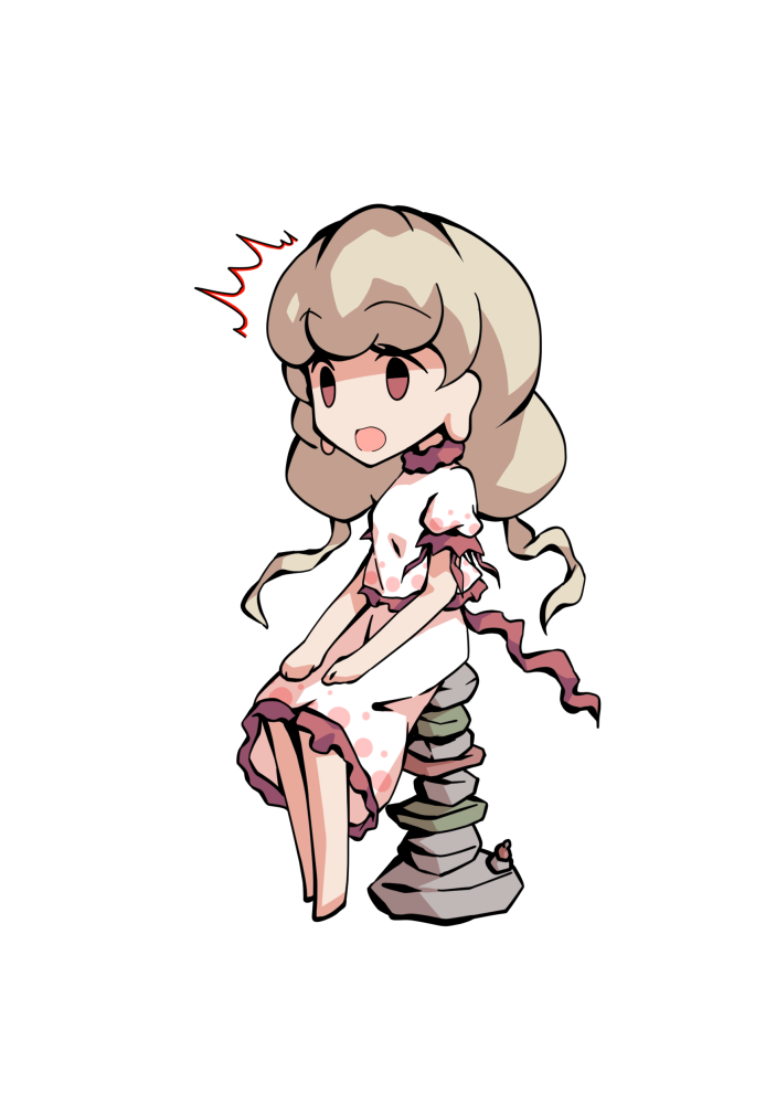 dairi, ebisu eika, touhou, commentary request, large variant set, variant set, 1girl, barefoot, blonde hair, chibi, chibi only, frilled shirt, frilled skirt, frills, full body, hands on own knees, long earlobes, long hair, puffy short sleeves, puffy sleeves, rock, rock balancing, shirt, short sleeves, sitting, skirt, skirt set, solo, tachi-e, transparent background, white shirt